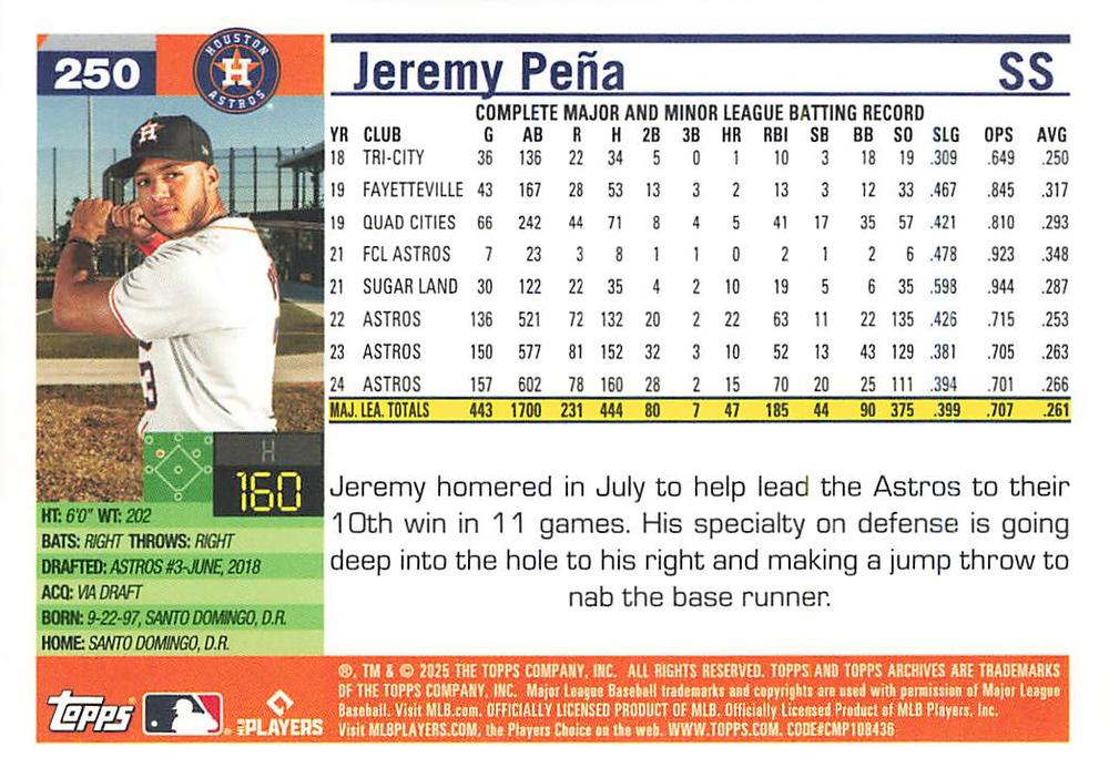 2025 Topps Archives Jeremy Pena #250 Houston Astros