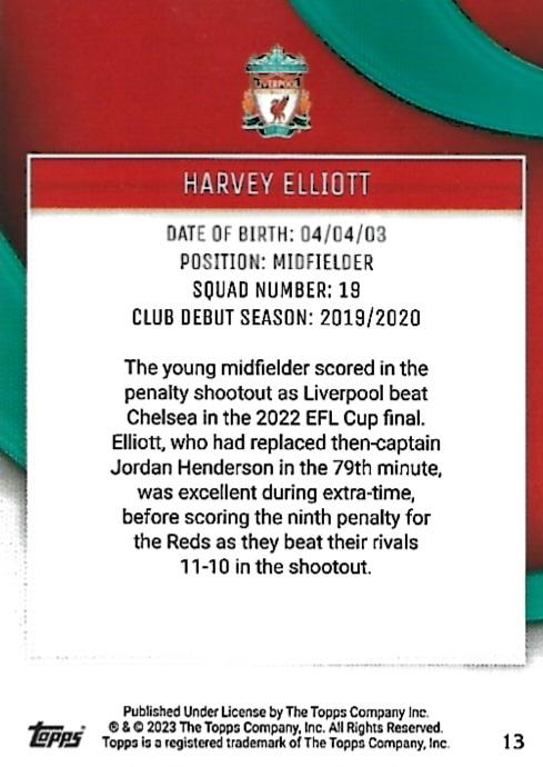 2023 Topps Liverpool Team Set Harvey Elliott #13 Liverpool
