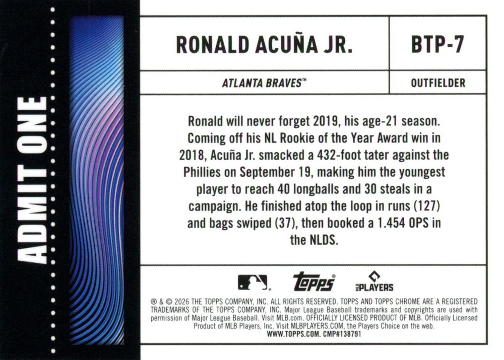 2026 Topps Chrome Big Ticket Players Ronald Acuña Jr. #BTP-7 Atlanta Braves