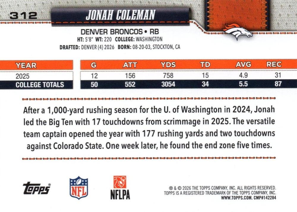 2026 Topps Flagship RC Jonah Coleman #312 Denver Broncos