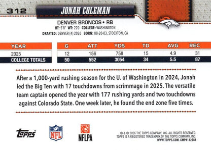 2026 Topps Flagship RC Jonah Coleman #312 Denver Broncos
