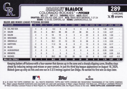 2025 Topps Chrome MLB Bradley Blalock RC #289 Colorado Rockies