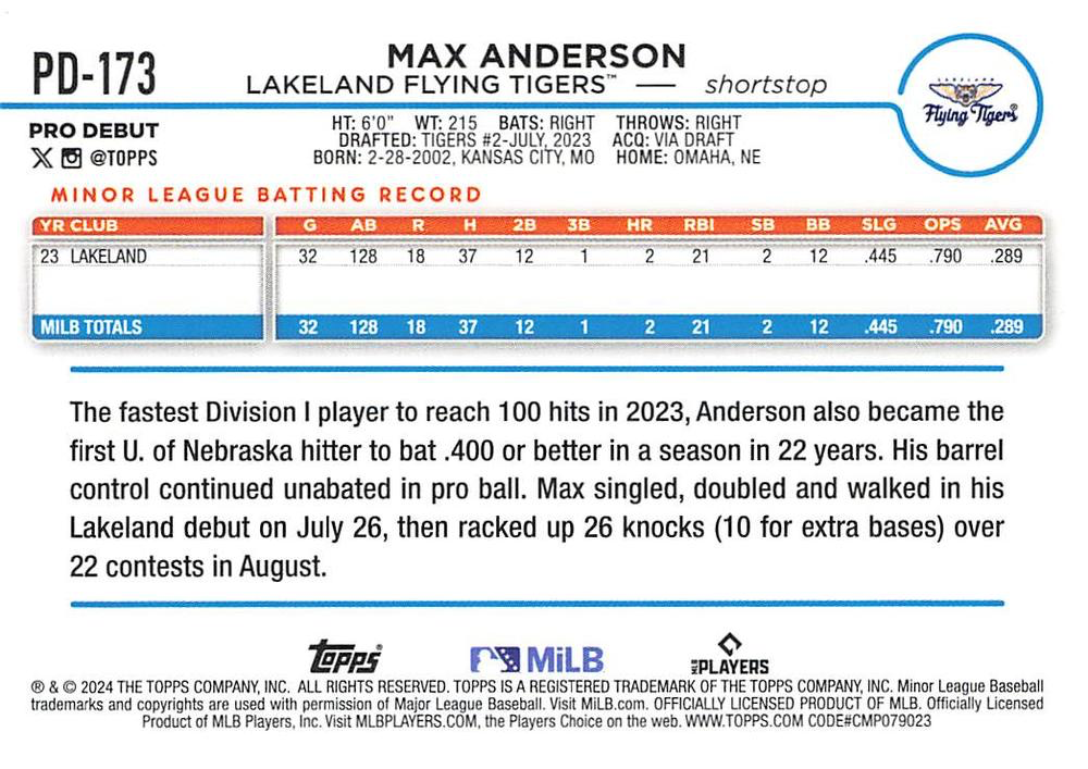 2024 Topps Pro Debut Max Anderson #PD-173 Lakeland Flying Tigers