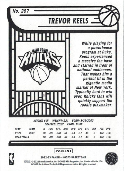 2022 Panini Hoops Trevor Keels RC #267 New York Knicks
