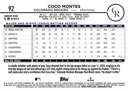 2024 Topps Series 1 Coco Montes RC Colorado Rockies #92