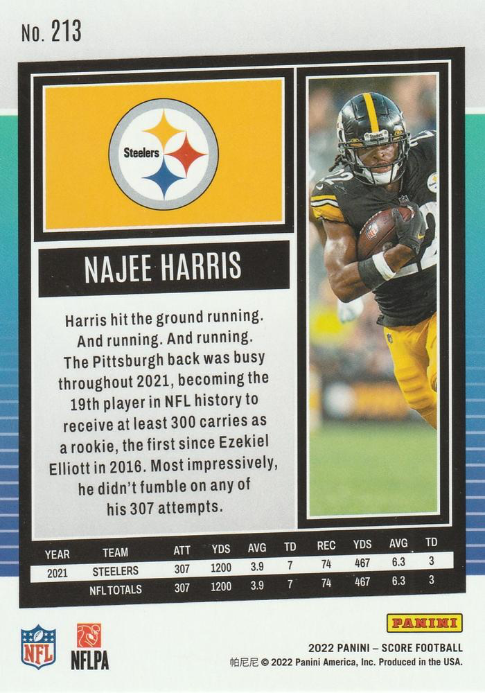 2022 Panini Score Najee Harris Pittsburgh Steelers #213