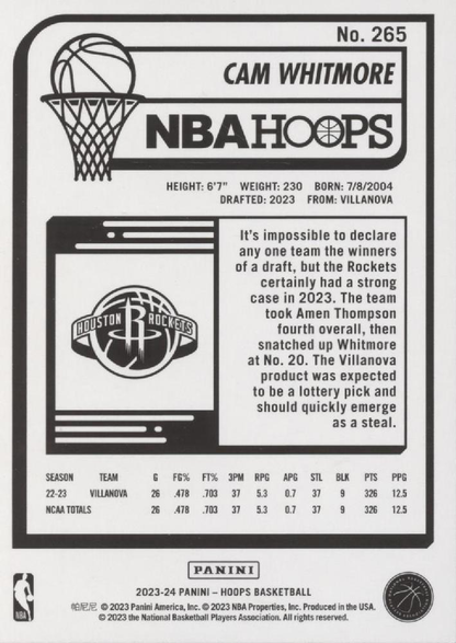 2023 Panini Hoops Cam Whitmore RC #265 Houston Rockets