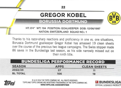 2023 Topps Chrome Bundesliga Gregor Kobel #22 Borussia Dortmund