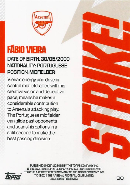 2023 Topps Arsenal Team Set Fábio Vieira Strike! #38 Arsenal FC