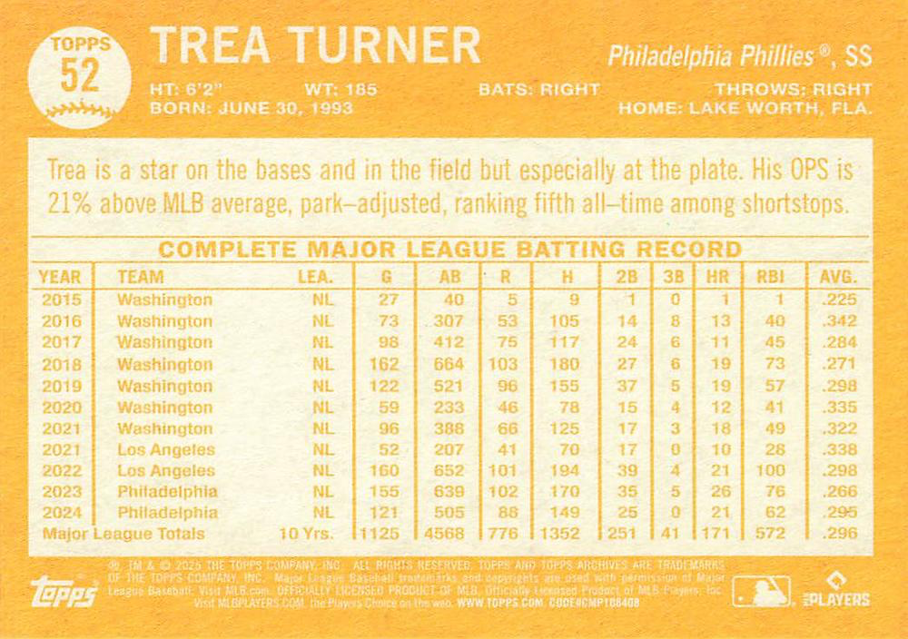 2025 Topps Archives Trea Turner #52 Philadelphia Phillies