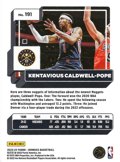 2022 Panini Donruss Kentavious Caldwell-Pope #191 Denver Nuggets