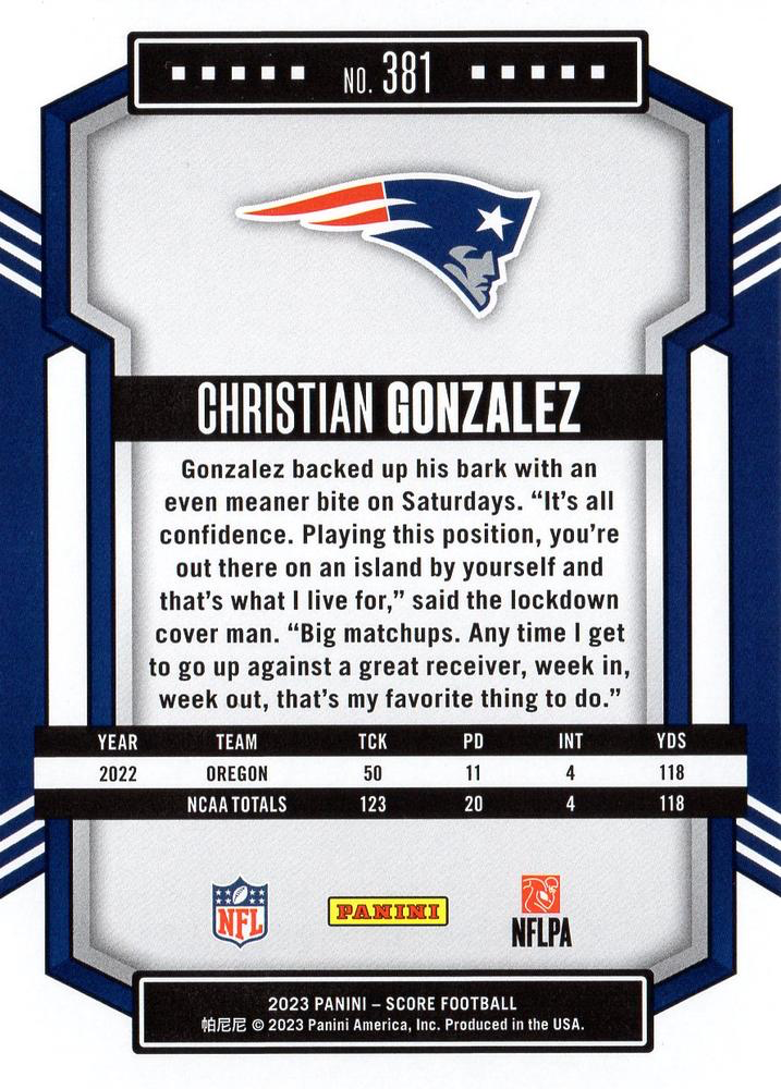2023 Panini Score Football Christian Gonzalez New England Patriots #381 RC