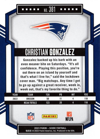 2023 Panini Score Football Christian Gonzalez New England Patriots #381 RC