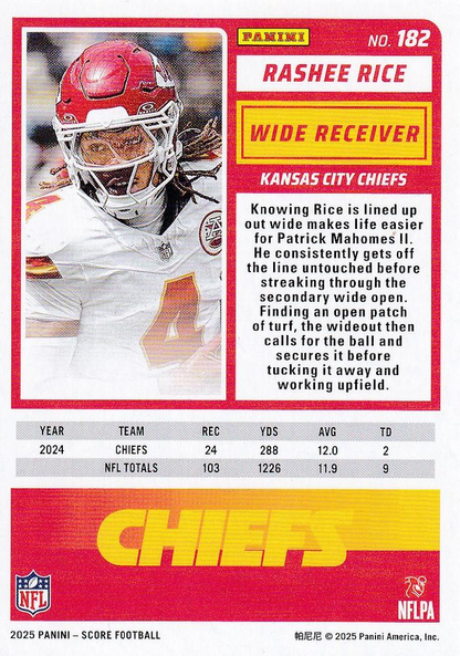 2025 Panini Score Rashee Rice #182 Kansas City Chiefs