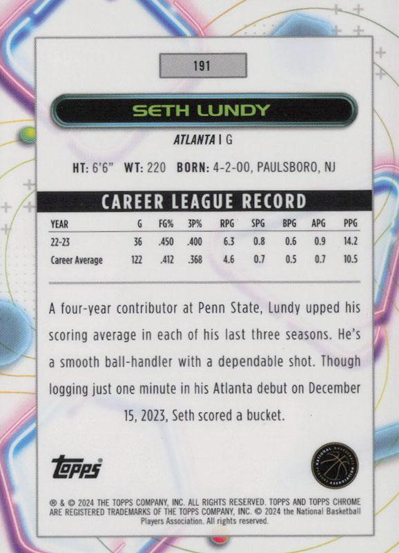 2023 Topps Chrome Cosmic Seth Lundy RC #191 Atlanta Hawks