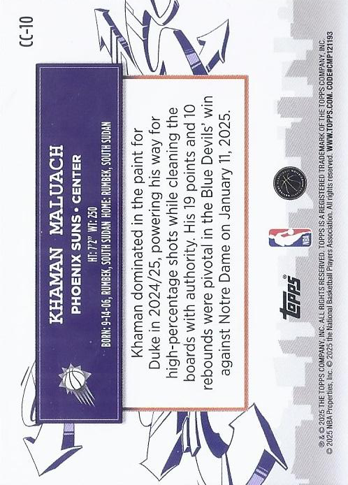 2025 Topps NBA Clutch City Prospects Khaman Maluach CC-10 Phoenix Suns