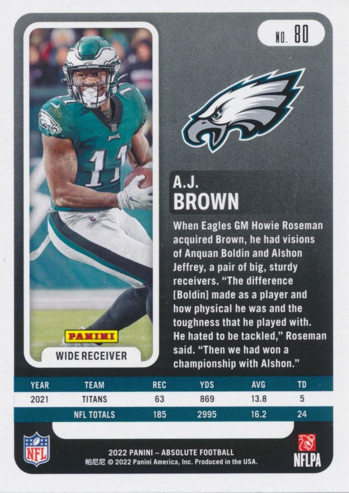 2022 Panini Absolute A.J. Brown #80 Philadelphia Eagles