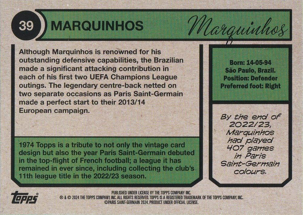 2023 Topps PSG Team Set 1974 Topps Marquinhos #39 Paris Saint-Germain