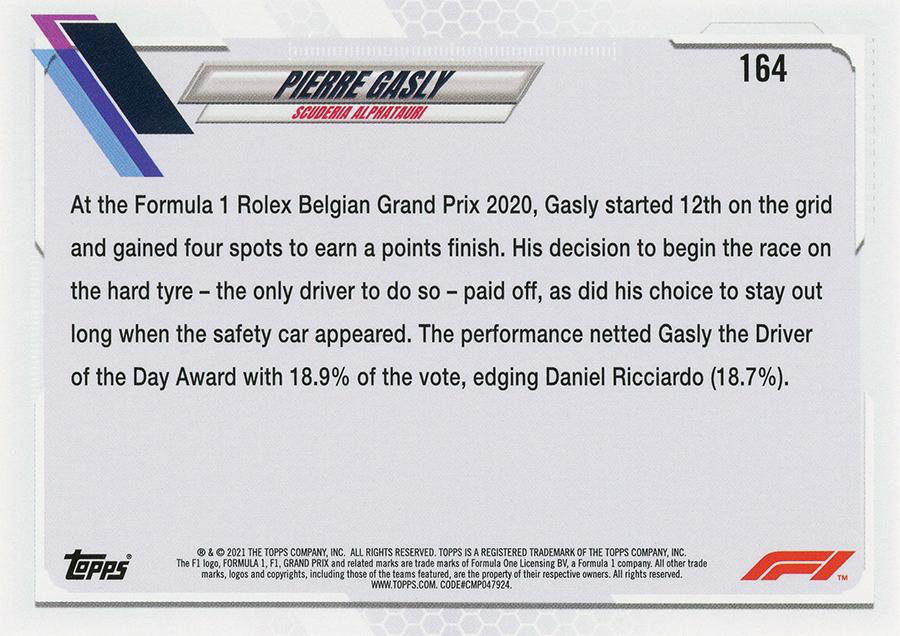 2021 Topps Formula 1 Pierre Gasly Driver of the Day #164 Scuderia AlphaTauri