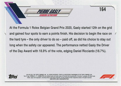 2021 Topps Formula 1 Pierre Gasly Driver of the Day #164 Scuderia AlphaTauri