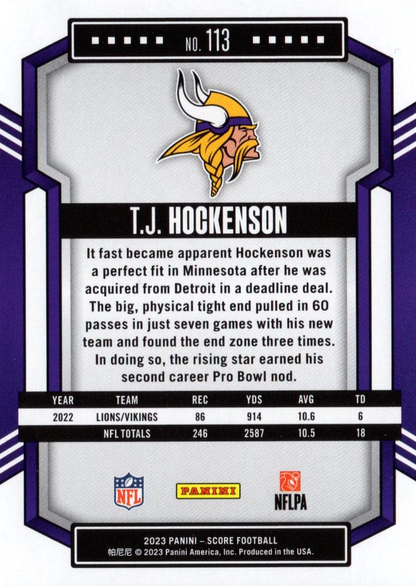 2023 Panini Score Football T.J. Hockenson Minnesota Vikings #113