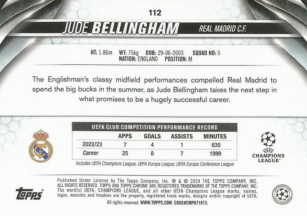 2023 Topps Chrome UEFA Club Competitions Jude Bellingham #112 Real Madrid CF