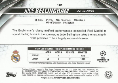 2023 Topps Chrome UEFA Club Competitions Jude Bellingham #112 Real Madrid CF