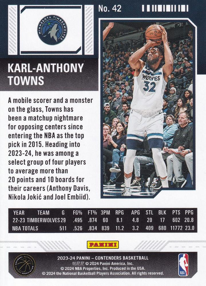 2023 Panini Contenders Karl-Anthony Towns #42 Minnesota Timberwolves