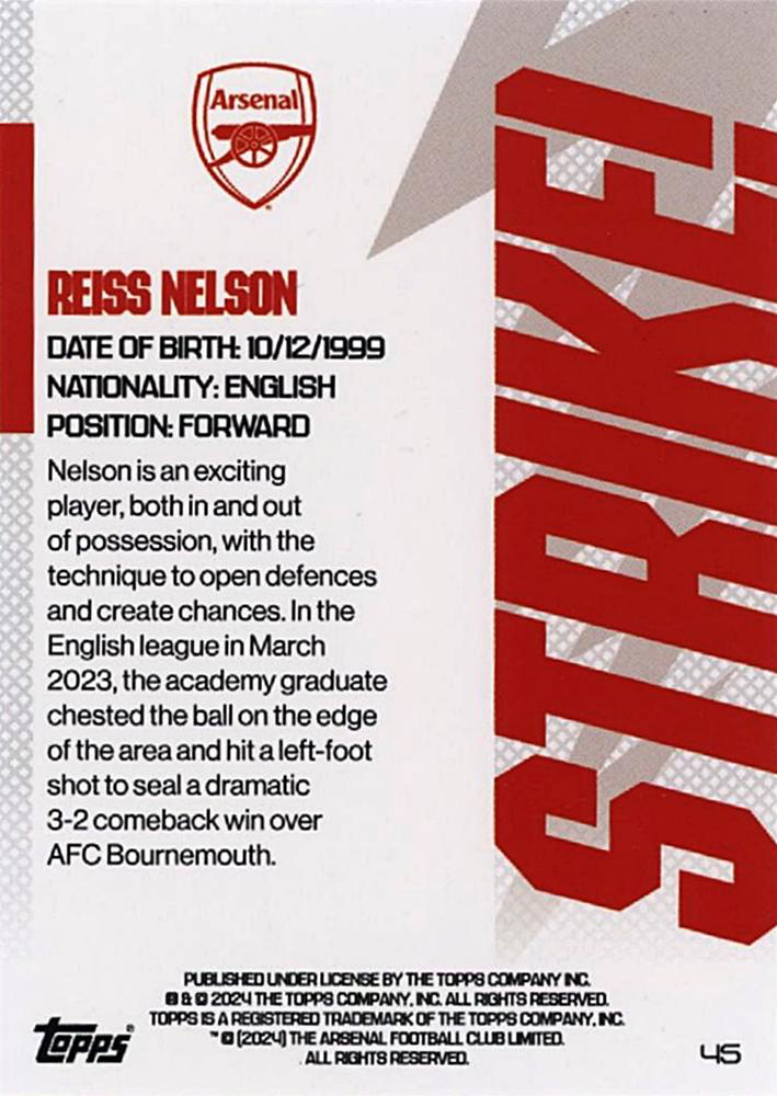 2023 Topps Arsenal Team Set Reiss Nelson Strike! #45 Arsenal FC