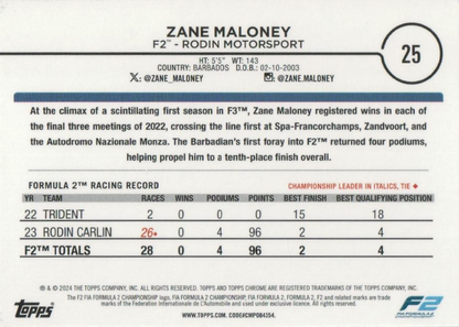 2024 Topps Chrome Formula 1 Zane Maloney F2D #25 Rodin Motorsport