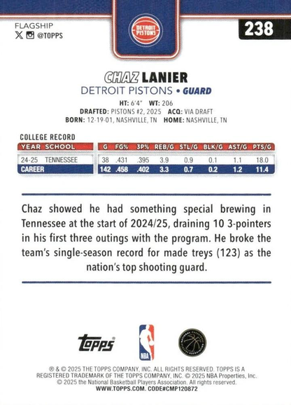2025 Topps NBA Chaz Lanier RC #238 Detroit Pistons