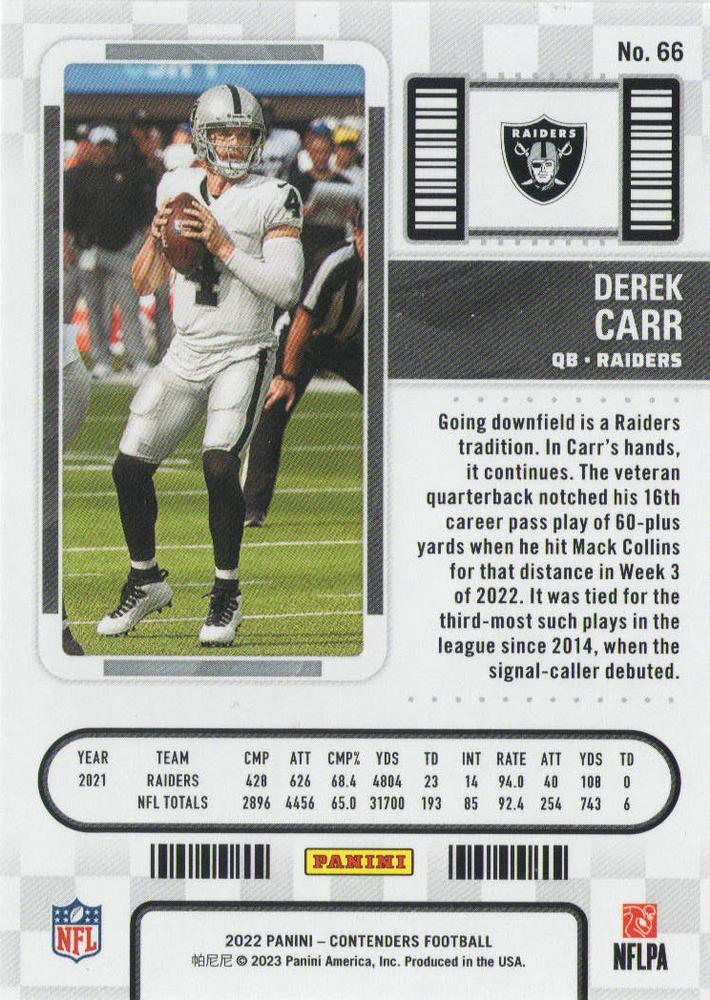 2022 Panini Contenders Derek Carr #66 Las Vegas Raiders