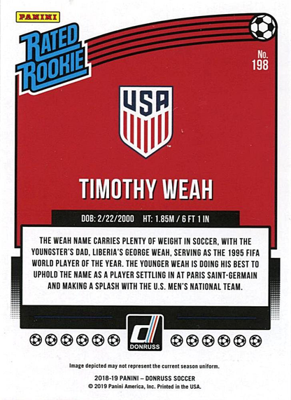 2018 Panini Donruss Timothy Weah Rated Rookie RC #198 USA