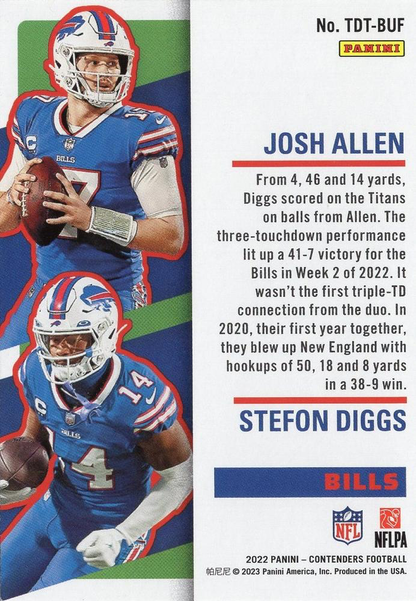 2022 Panini Contenders Touchdown Tandems Josh Allen / Stefon Diggs #TDT-BUF Buffalo Bills