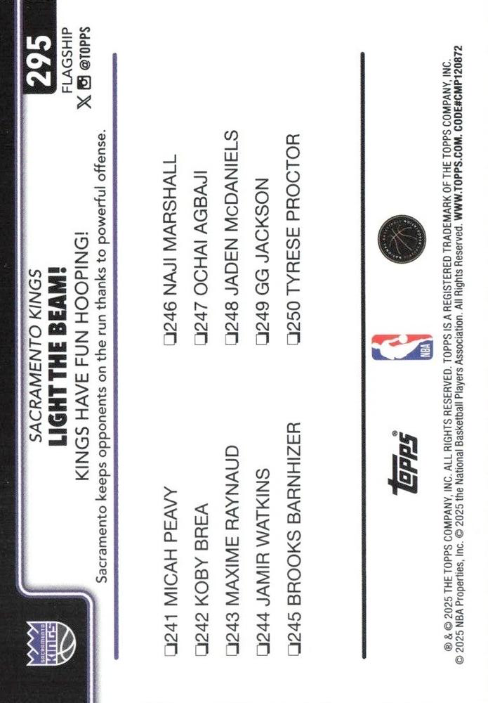 2025 Topps NBA Light The Beam!: Kings Have Fun Hooping! CL #295 Sacramento Kings