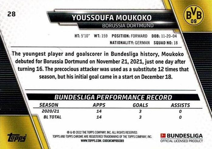 2021 Topps Chrome Bundesliga Youssoufa Moukoko #28 Borussia Dortmund