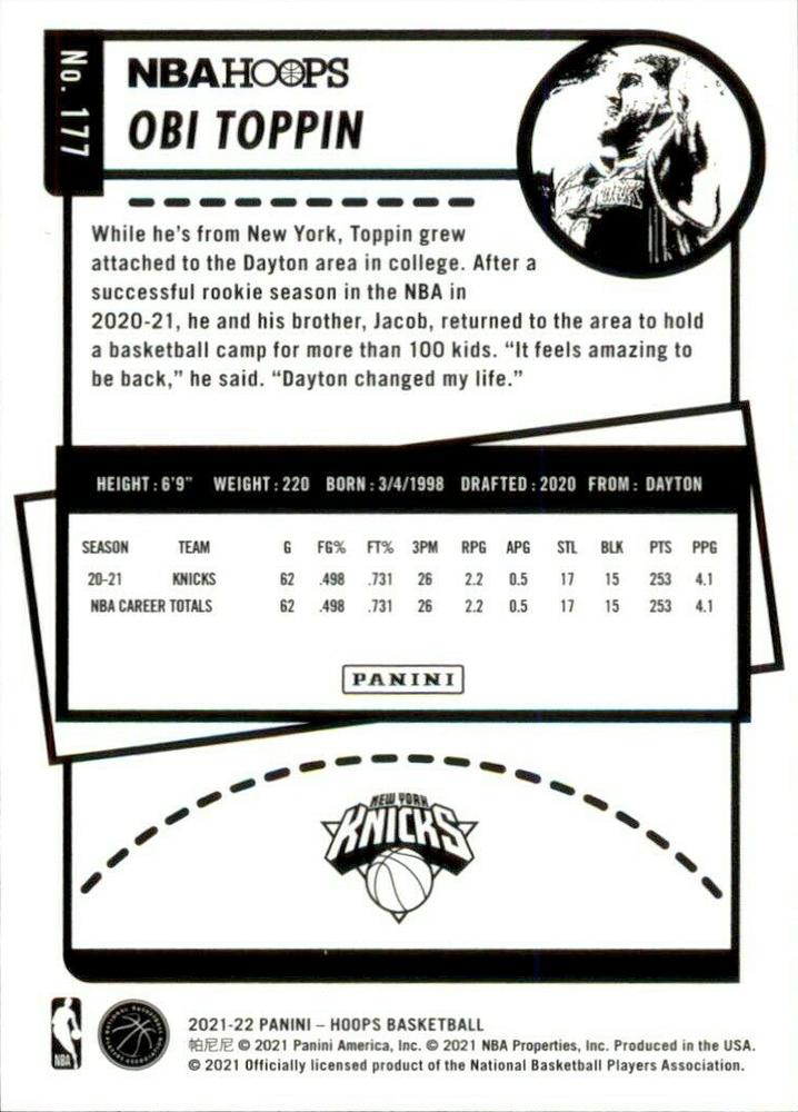 2021 Panini Hoops Obi Toppin #177 New York Knicks