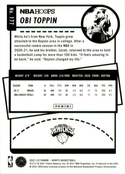 2021 Panini Hoops Obi Toppin #177 New York Knicks