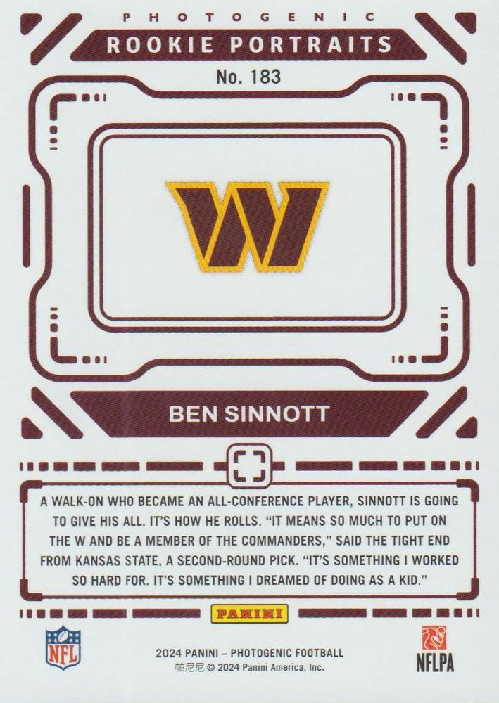 2024 Panini Photogenic Portrait RC Ben Sinnott #183 Washington Commanders