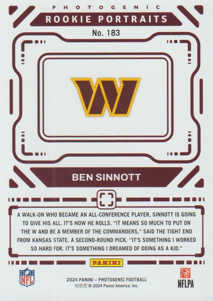 2024 Panini Photogenic Portrait RC Ben Sinnott #183 Washington Commanders