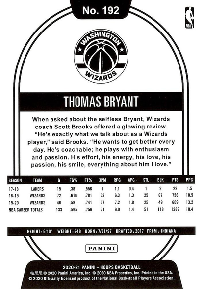 2020 Panini Hoops Thomas Bryant #192 Washington Wizards