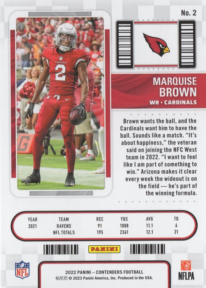 2022 Panini Contenders Marquise Brown Arizona Cardinals #2