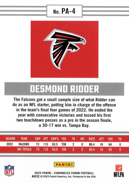 2022 Panini Chronicles Panini RC Desmond Ridder #PA-4 Atlanta Falcons