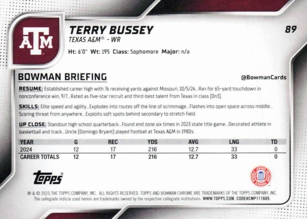 2025 Topps Bowman U Chrome Terry Bussey 1st #89 Texas A&M Aggies