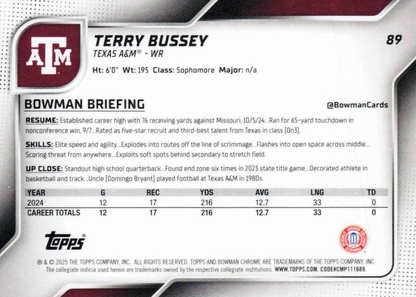 2025 Topps Bowman U Chrome Terry Bussey 1st #89 Texas A&M Aggies