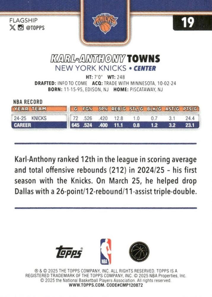 2025 Topps NBA Karl-Anthony Towns #19 New York Knicks