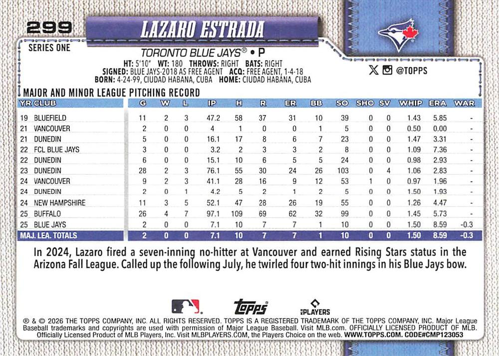2026 Topps Series 1 Lazaro Estrada RC #299 Toronto Blue Jays