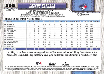 2026 Topps Series 1 Lazaro Estrada RC #299 Toronto Blue Jays