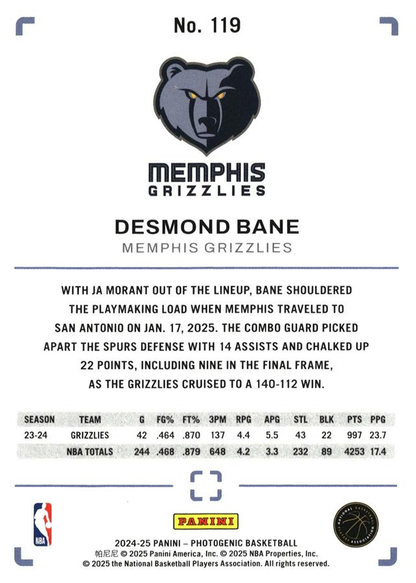 2024 Panini Photogenic Desmond Bane #119 Memphis Grizzlies