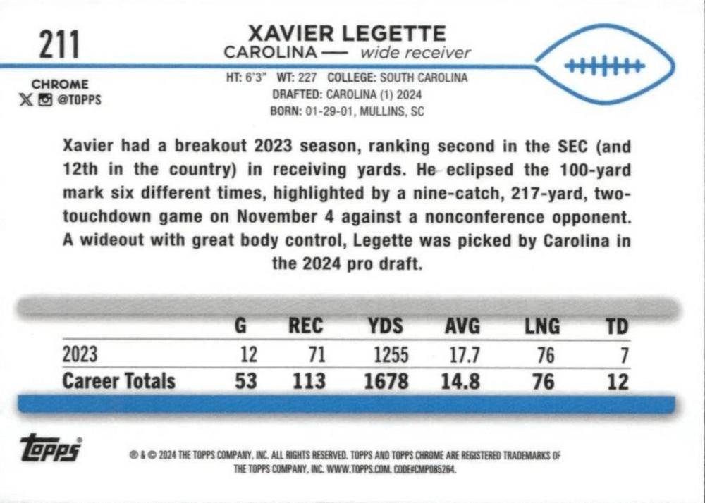 2024 Topps Chrome Football Xavier Legette RC #211 Carolina Panthers